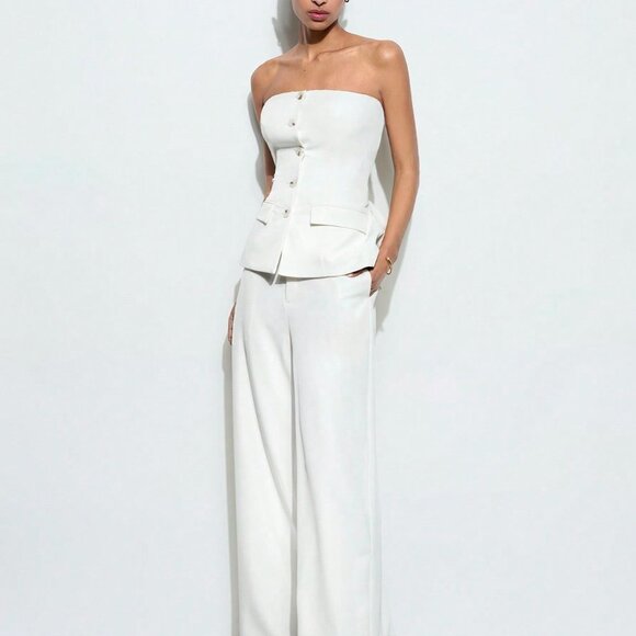 White Casual Women's Strapless Metal Button Top & Elastic Waist Pants Set - Picture 4 of 10